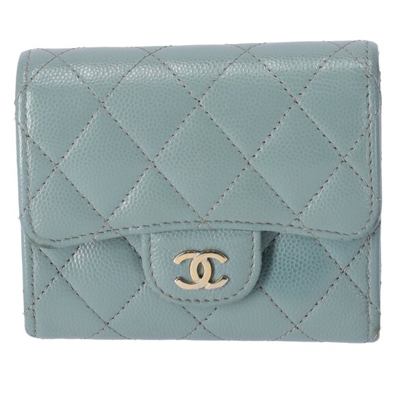 CHANEL Matelasse Trifold Wallet Turquoise Green Caviar Leather